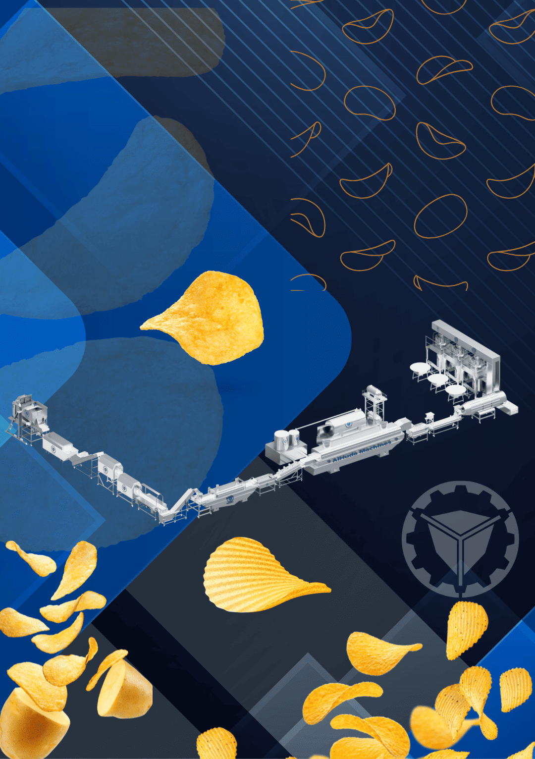 خطوط إنتاج شيبس البطاطس الطبيعية، وخطوط إنتاج البطاطا النصف مقلية، وخطوط إنتاج الشيبس، وأنظمة التعبئة والتغليف.